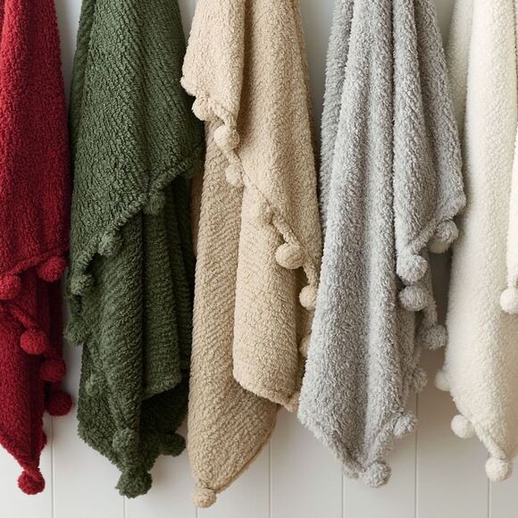 Pottery Barn Cozy Pom Pom Sherpa Throw - Color: Smoke - Picture 4 of 8